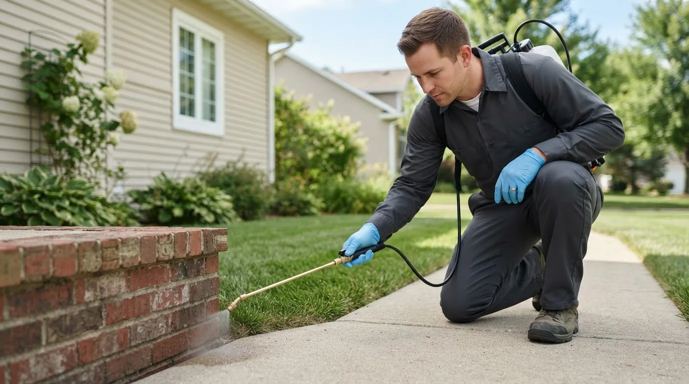 Pest control technician treating a home near Hutchinson, KS